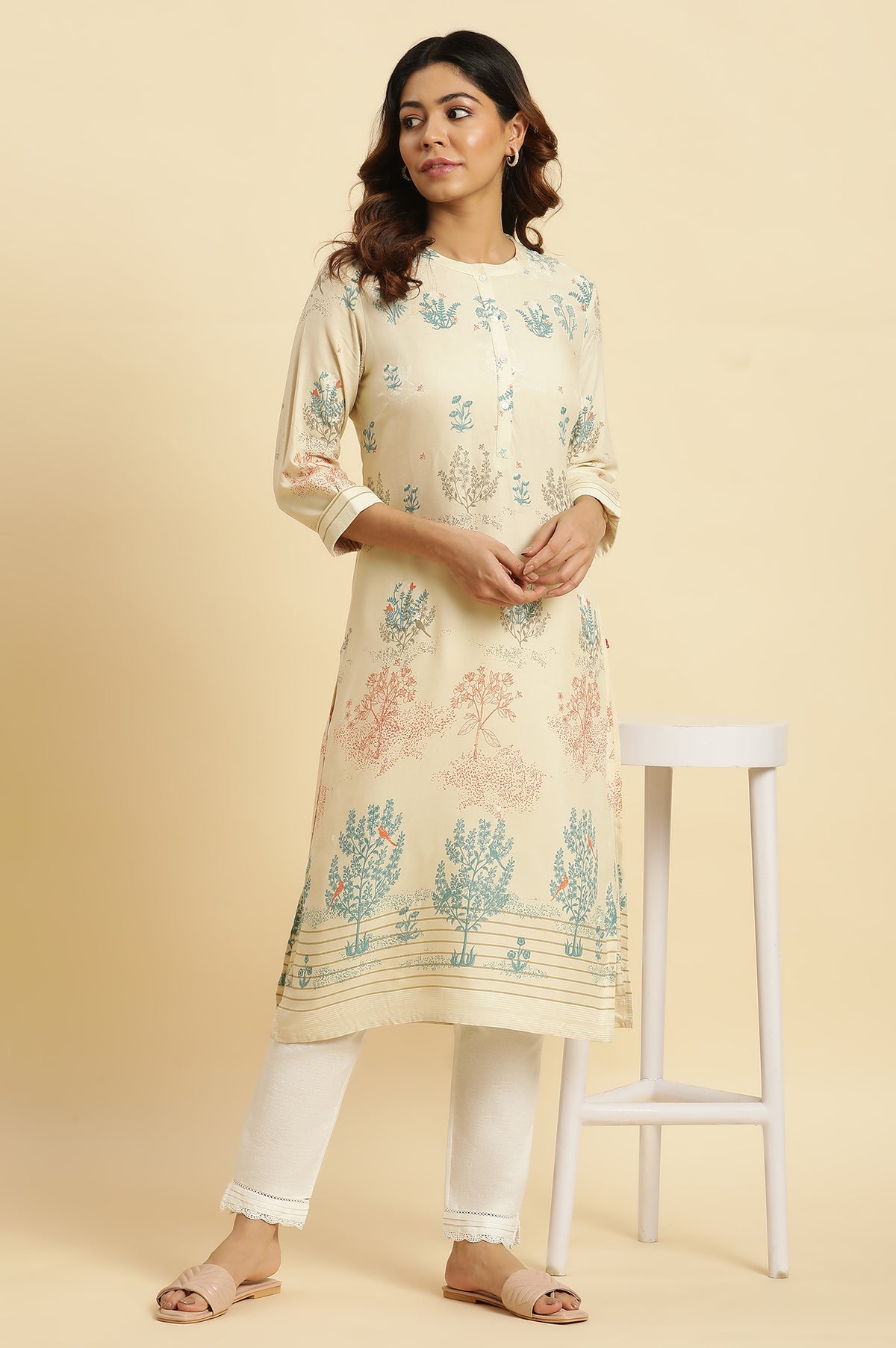 Beige Floral Printed Kurta - XS