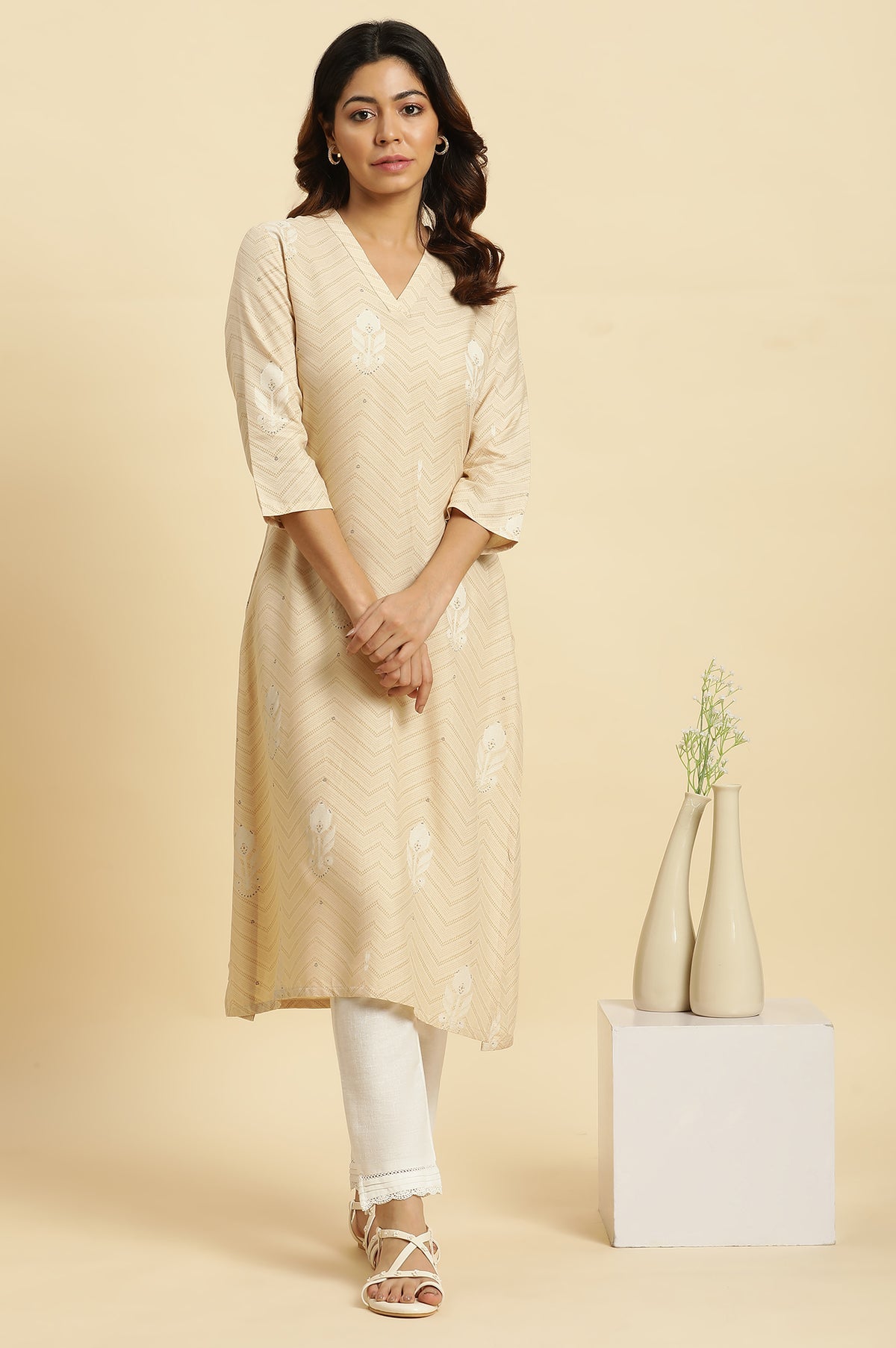 Beige Floral A-Line Rayon Kurta - XS