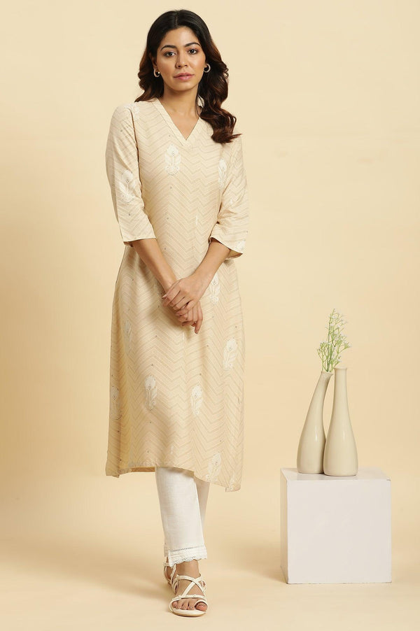 Beige Floral Printed A-Line Casual Kurta