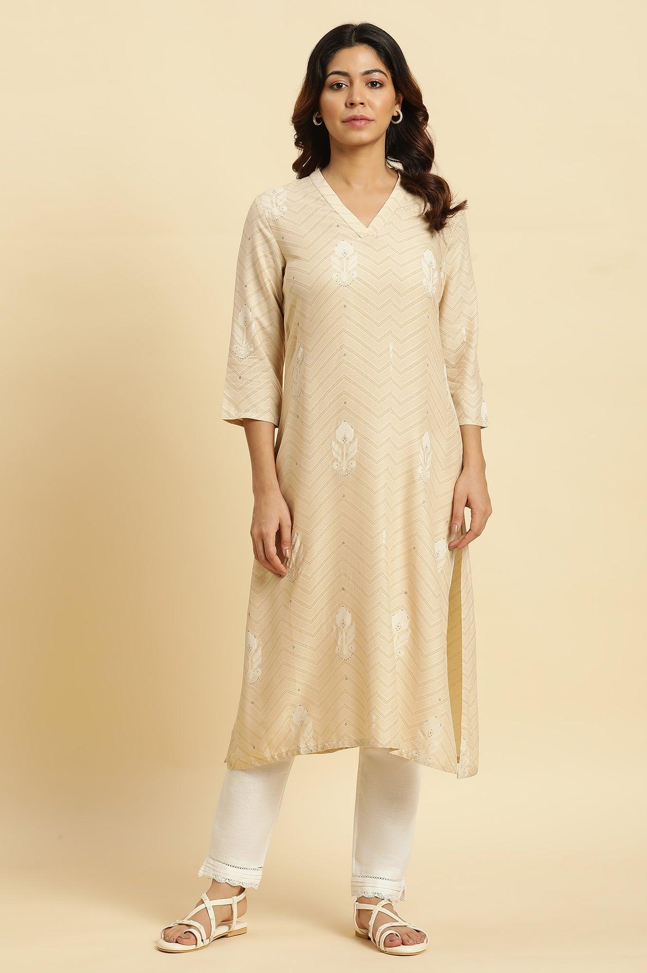 Beige Floral Printed A-Line Casual Kurta - wforwoman