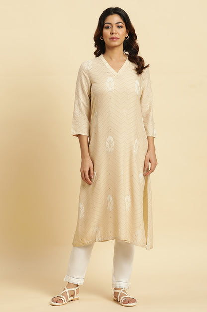 Beige Floral A-Line Rayon Kurta