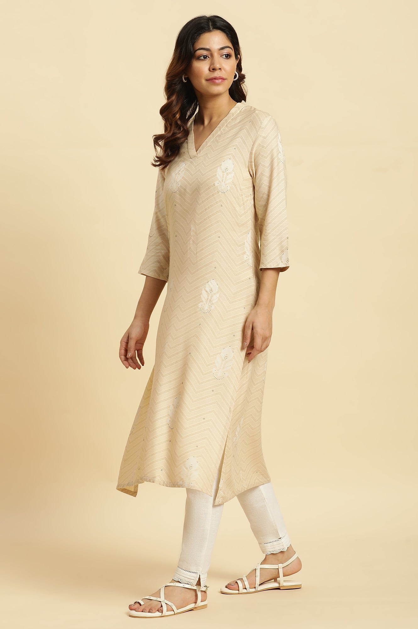 Beige Floral A-Line Rayon Kurta