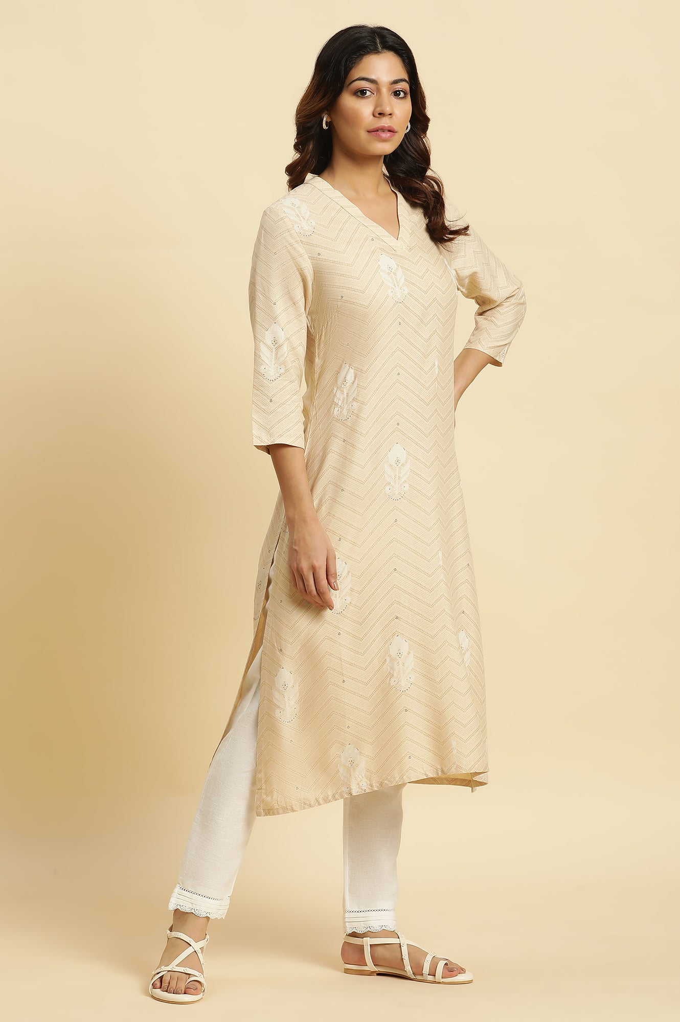 Beige Floral A-Line Rayon Kurta