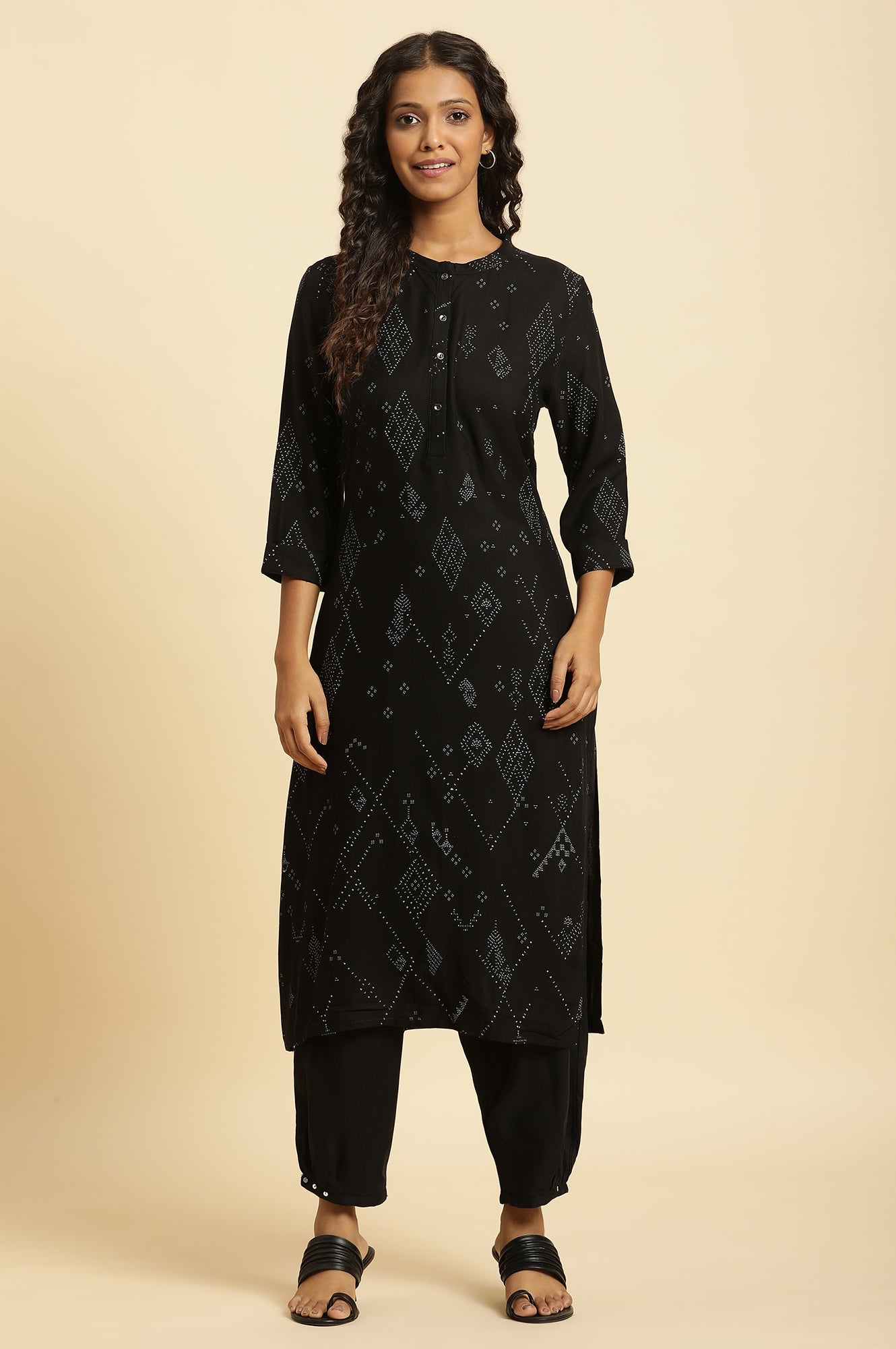 Black Aztec Printed Kurta In Mandarin Collar