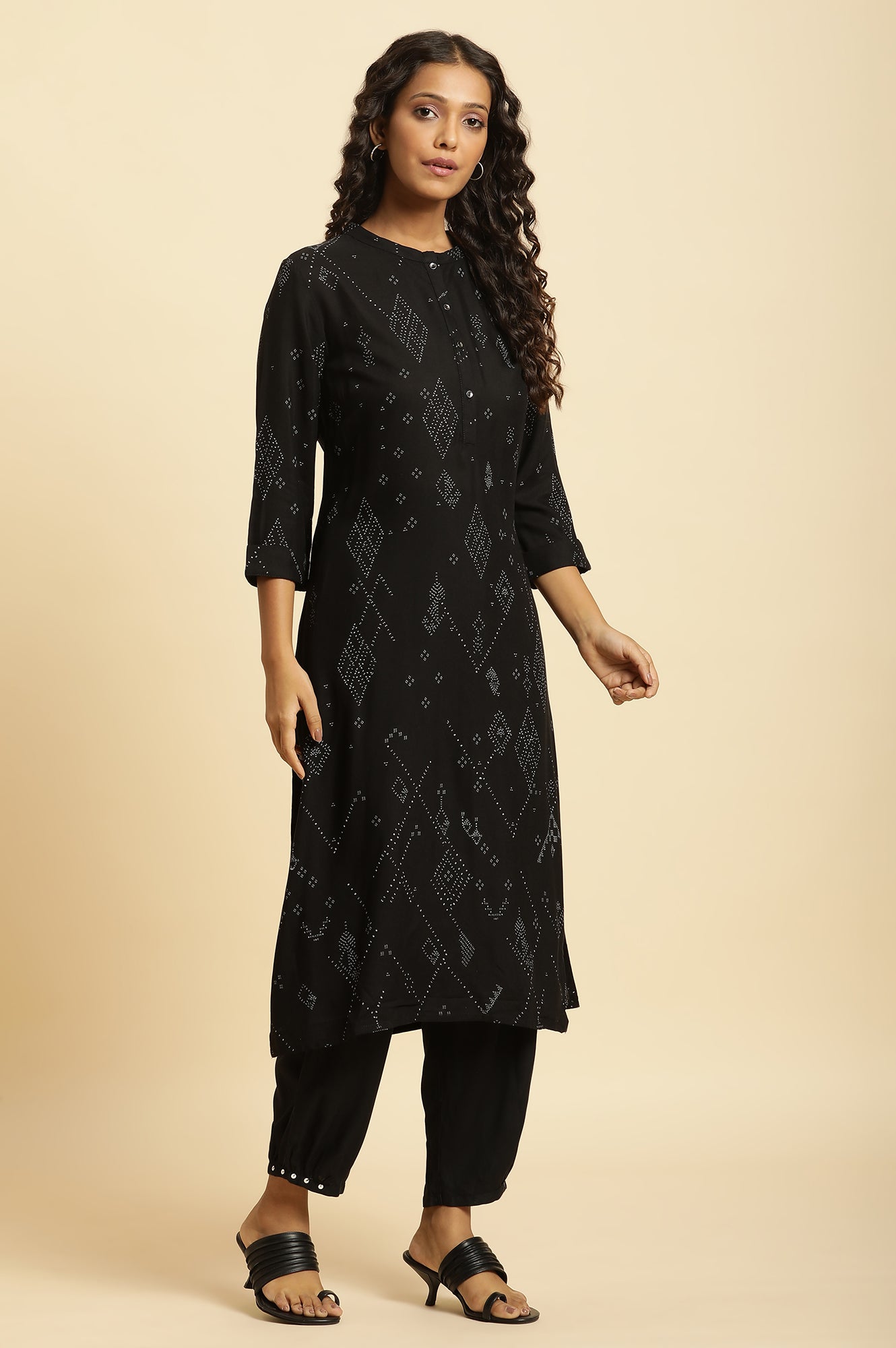 Black Aztec Printed Kurta In Mandarin Collar