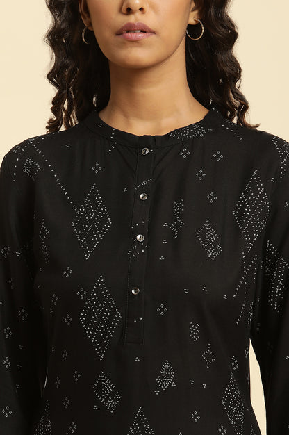 Black Aztec Printed Kurta In Mandarin Collar