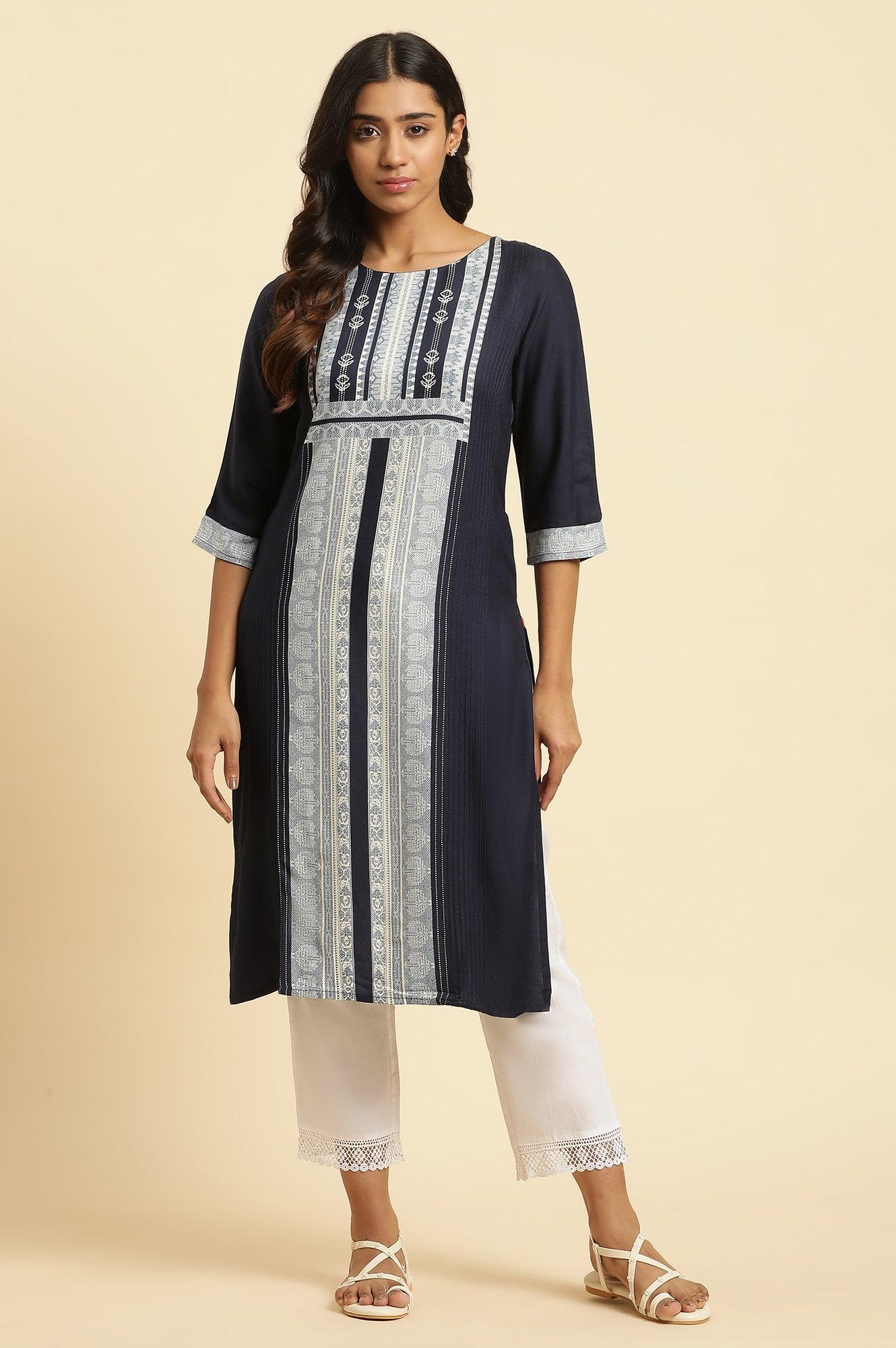 Blue Straight Kurta With Printed Front Panel - wforwoman