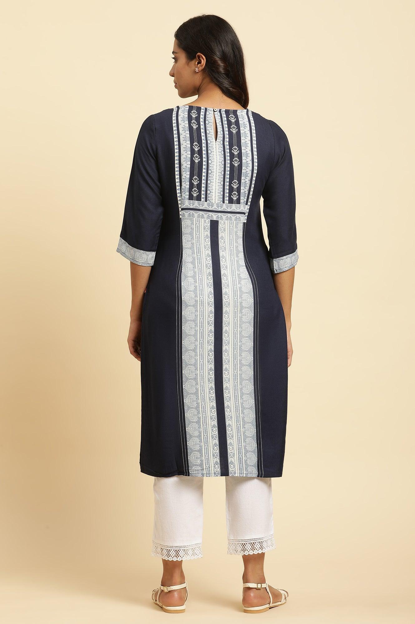 Blue Straight Kurta With Printed Front Panel - wforwoman