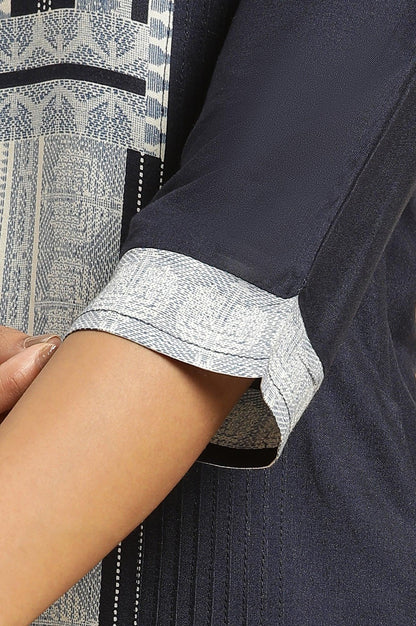 Blue Straight Kurta With Printed Front Panel - wforwoman