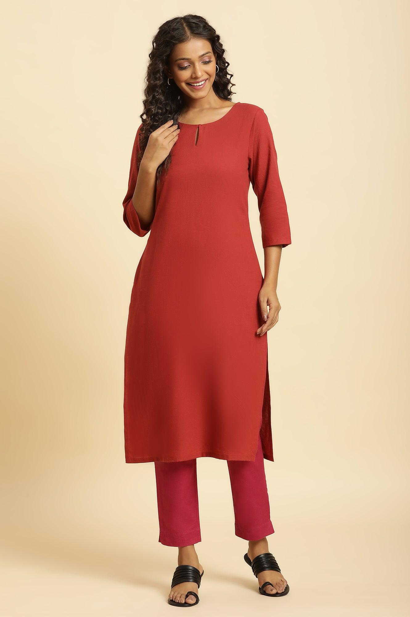 Rust Red Straight Solid Kurta - wforwoman