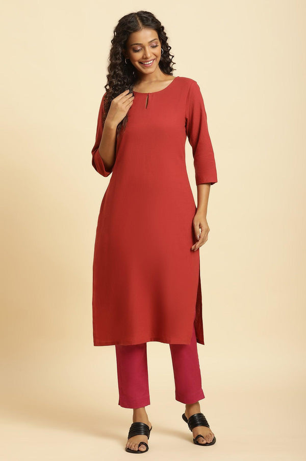 Rust Red Solid Cotton Straight Kurta
