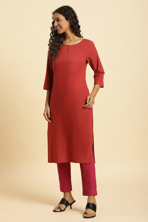 Rust Red Solid Cotton Straight Kurta