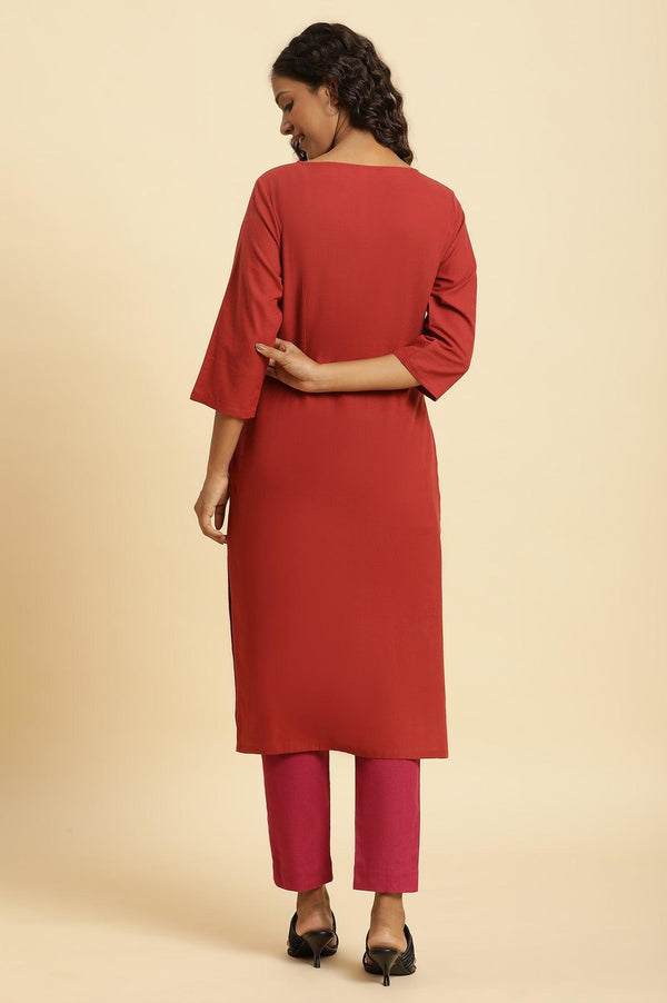 Rust Red Solid Cotton Straight Kurta
