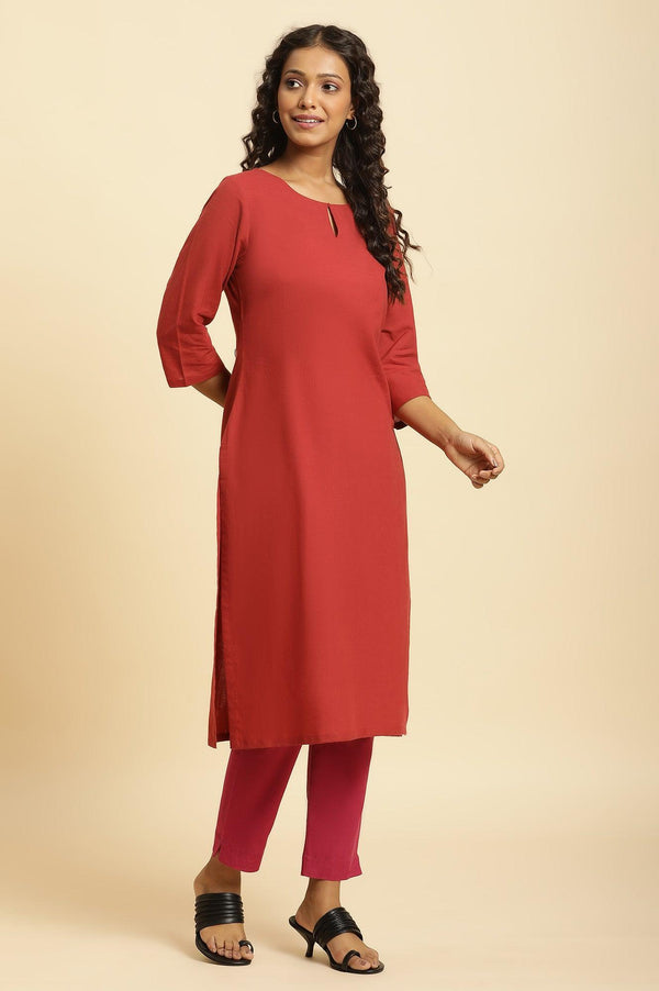 Rust Red Solid Cotton Straight Kurta