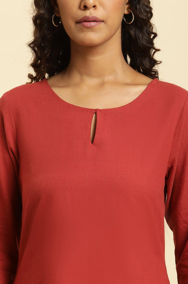 Rust Red Solid Cotton Straight Kurta