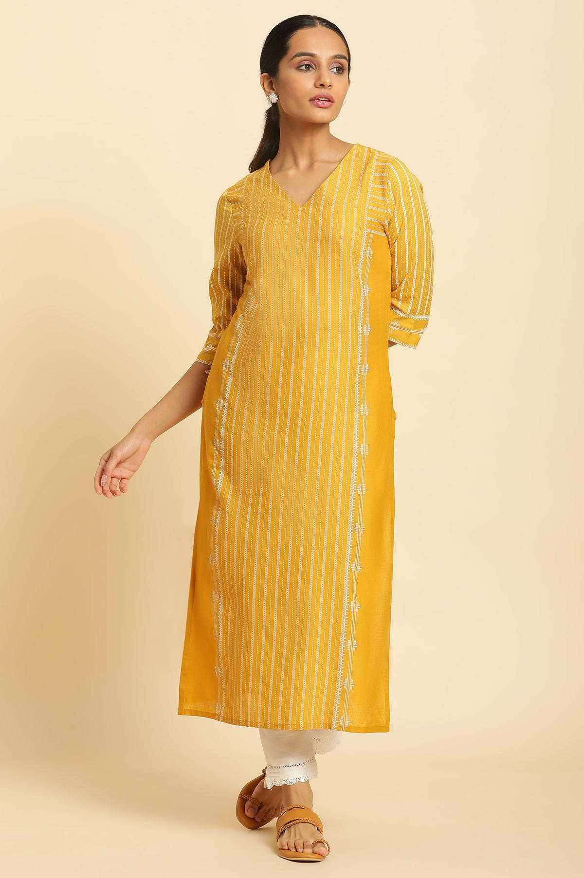 Mustard Yellow Printed Straight Kurta - XS
