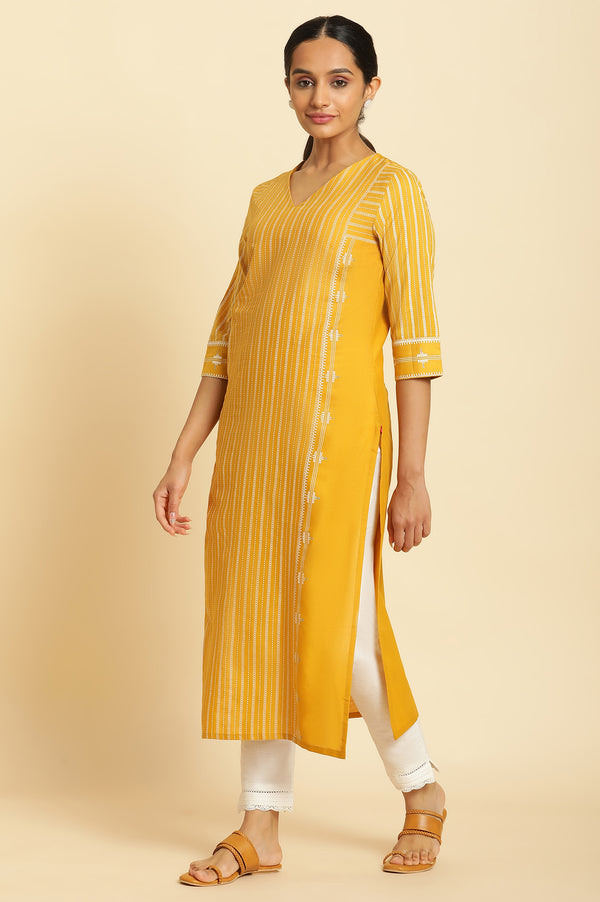 Mustard Yellow Printed Straight Kurta