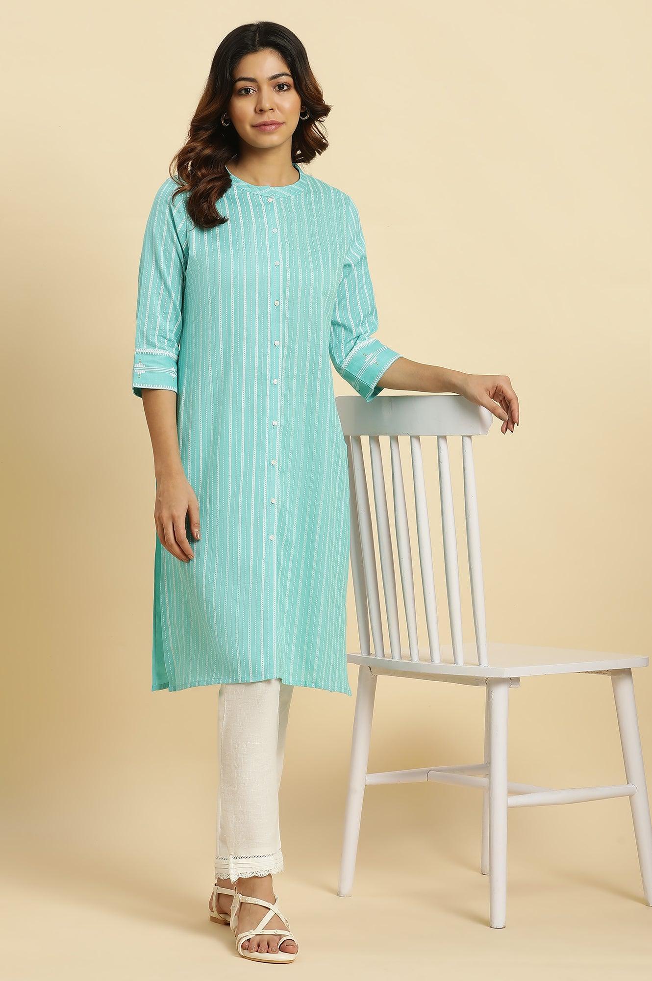 Blue Placement Printed Mandarin Collar Kurta - wforwoman