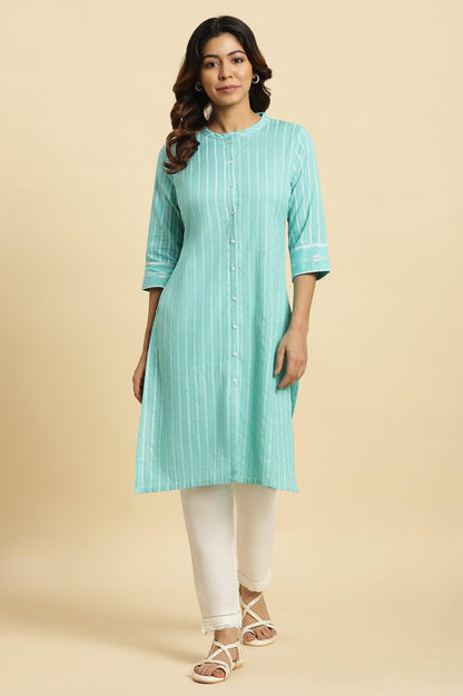 Blue Placement Printed Mandarin Collar Kurta - wforwoman