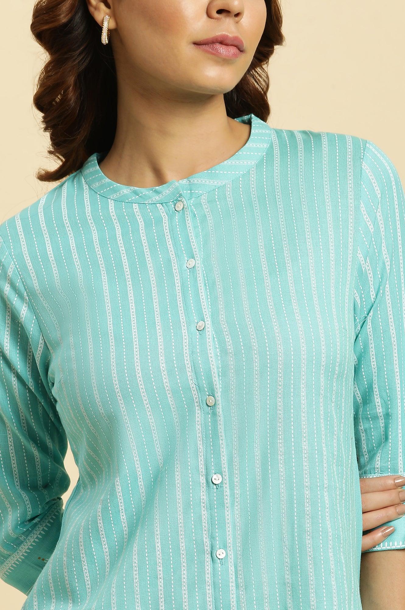 Blue Placement Printed Mandarin Collar Kurta - wforwoman