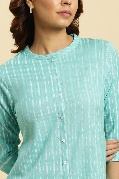 Blue Placement Printed Mandarin Collar Kurta - wforwoman