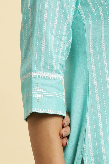 Blue Placement Printed Mandarin Collar Kurta - wforwoman