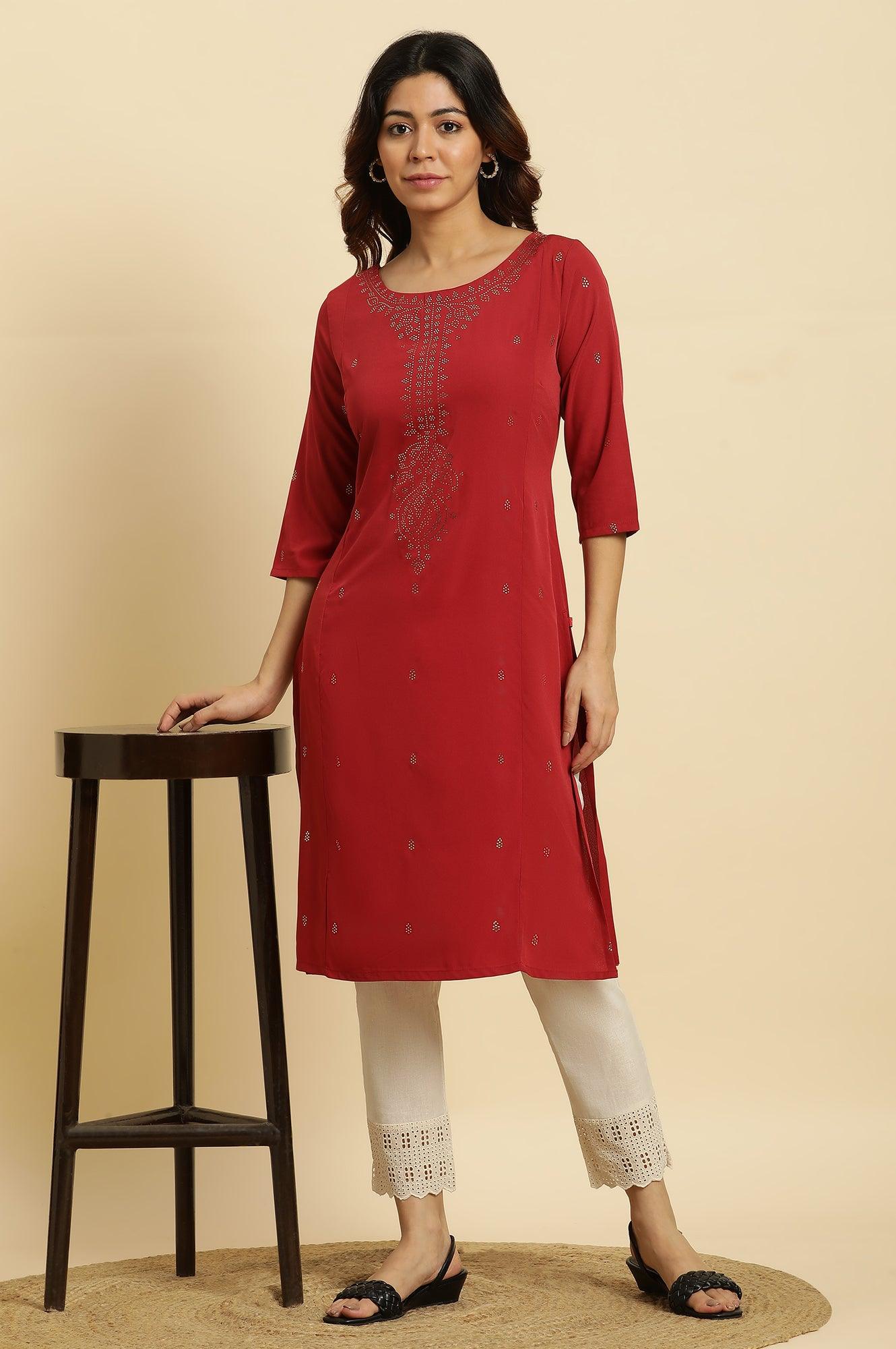 Red Mukaish Printed Festive Straight Kurta - wforwoman