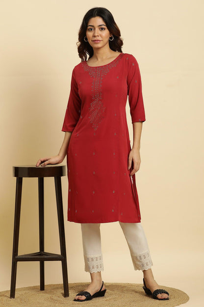 Red Mukaish Printed Festive Straight Kurta - wforwoman