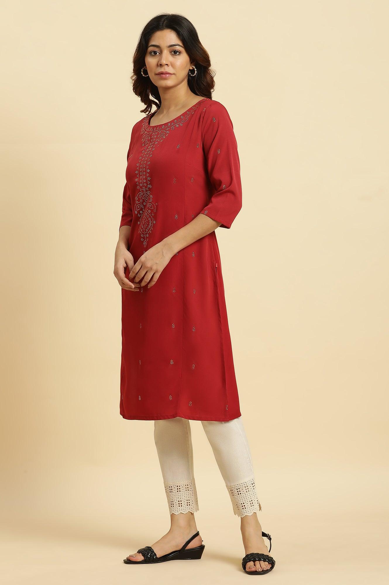 Red Mukaish Printed Festive Straight Kurta - wforwoman