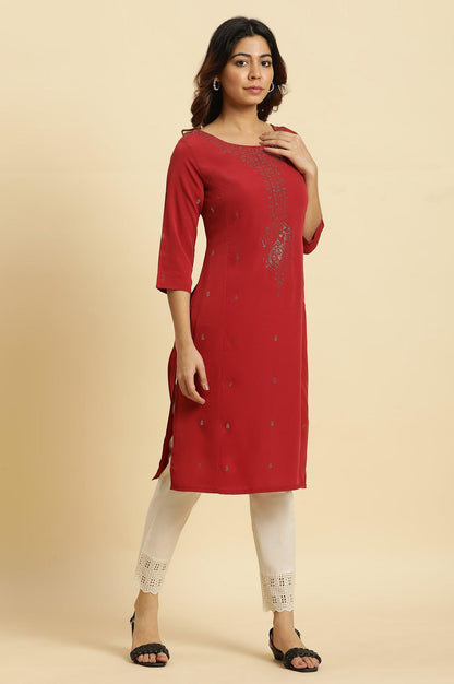 Red Mukaish Printed Festive Straight Kurta - wforwoman