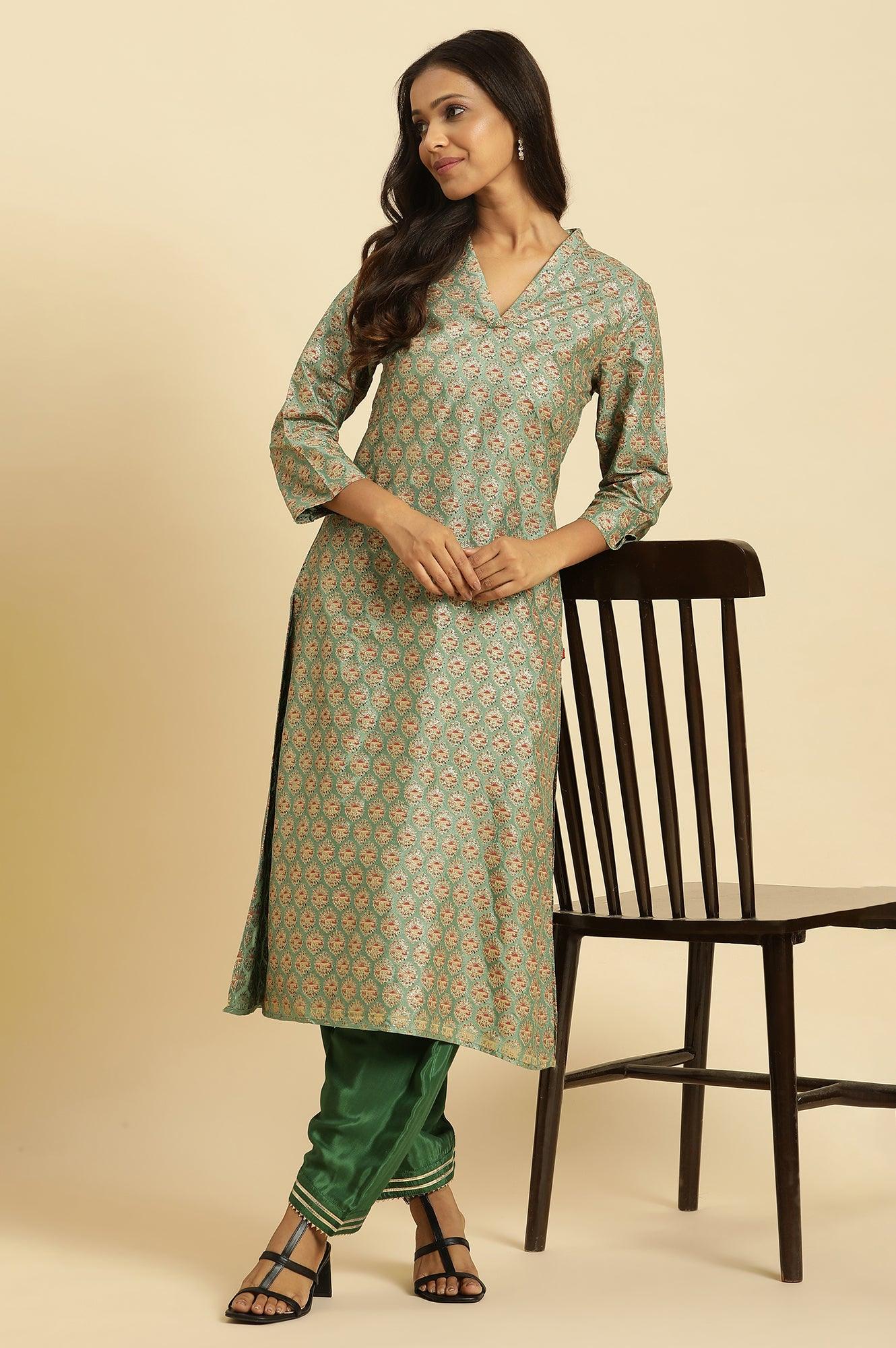 Green Glitter Printed V-Neck Kurta - wforwoman
