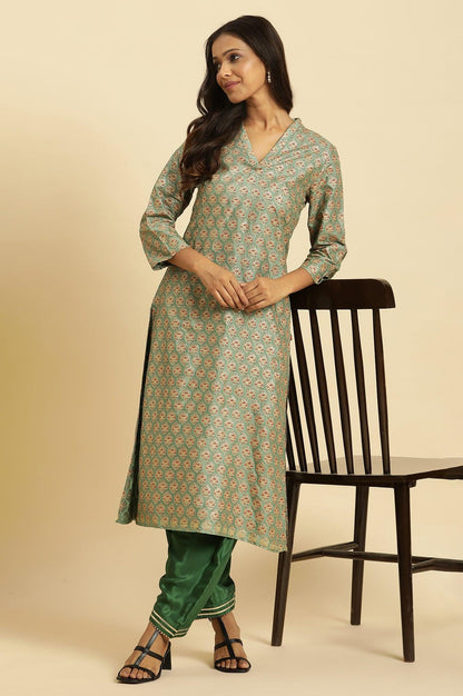 Green Glitter Printed V-Neck Kurta - wforwoman