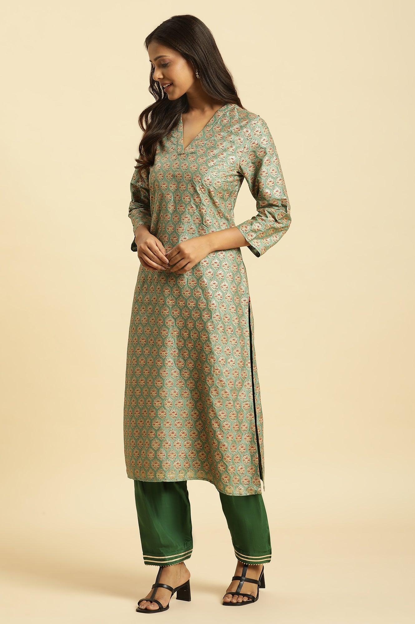 Green Glitter Printed V-Neck Kurta - wforwoman