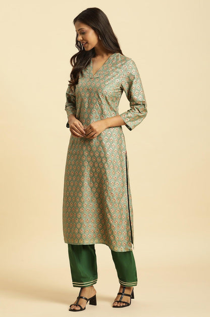 Green Glitter Printed V-Neck Kurta - wforwoman