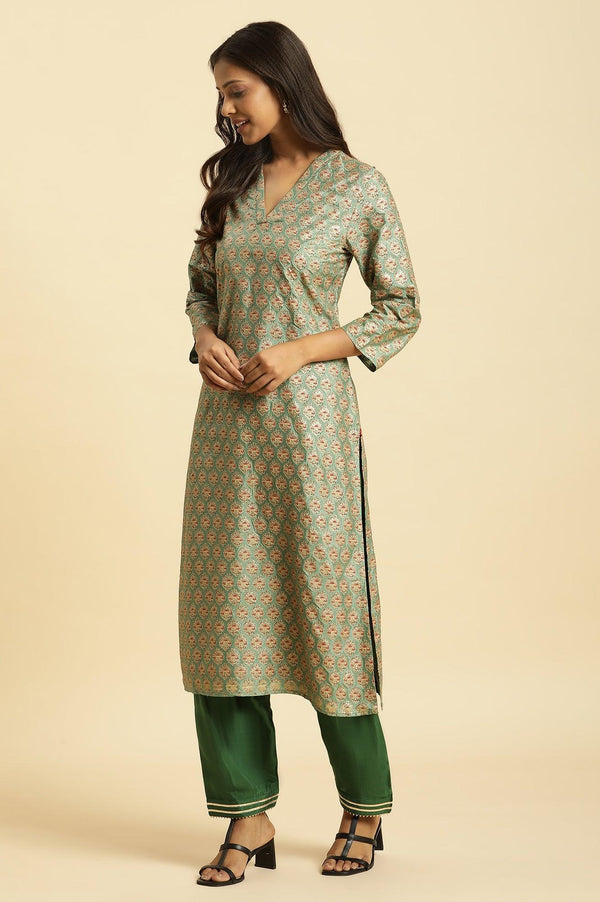 Green Glitter Printed V-Neck Kurta