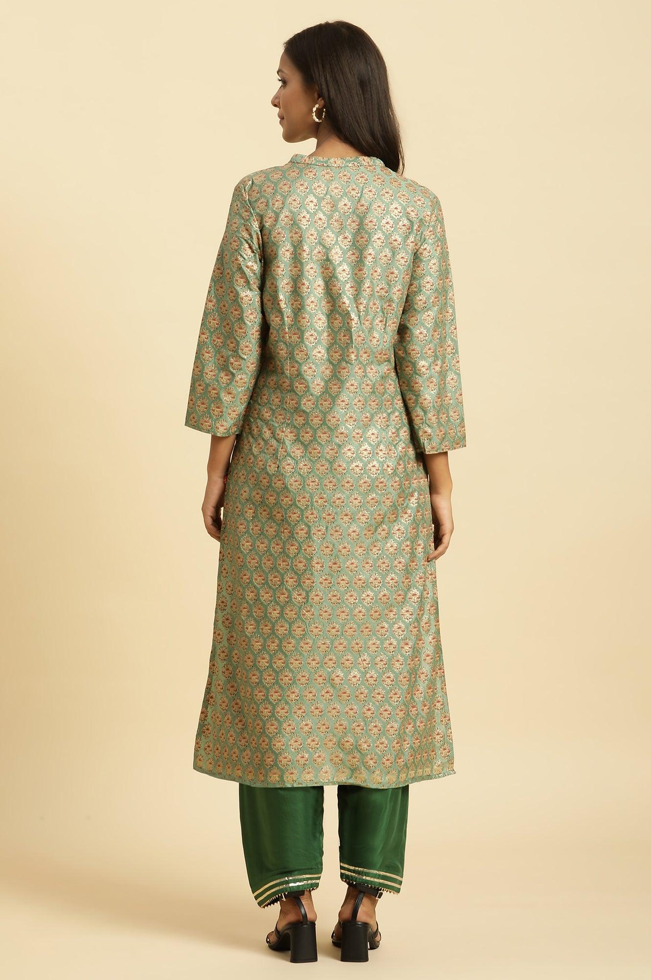 Green Glitter Printed V-Neck Kurta - wforwoman