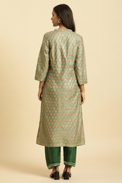 Green Glitter Printed V-Neck Kurta - wforwoman