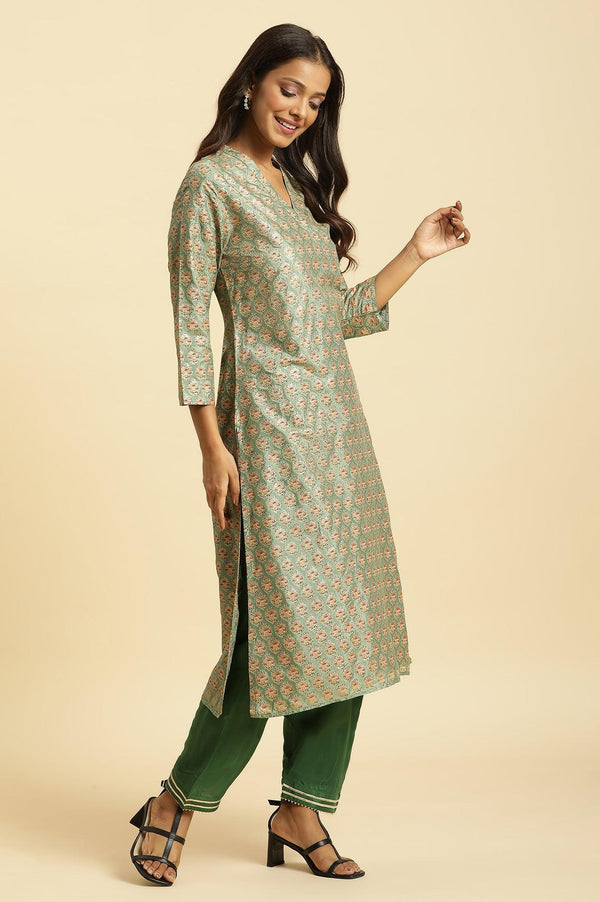 Green Glitter Printed V-Neck Kurta