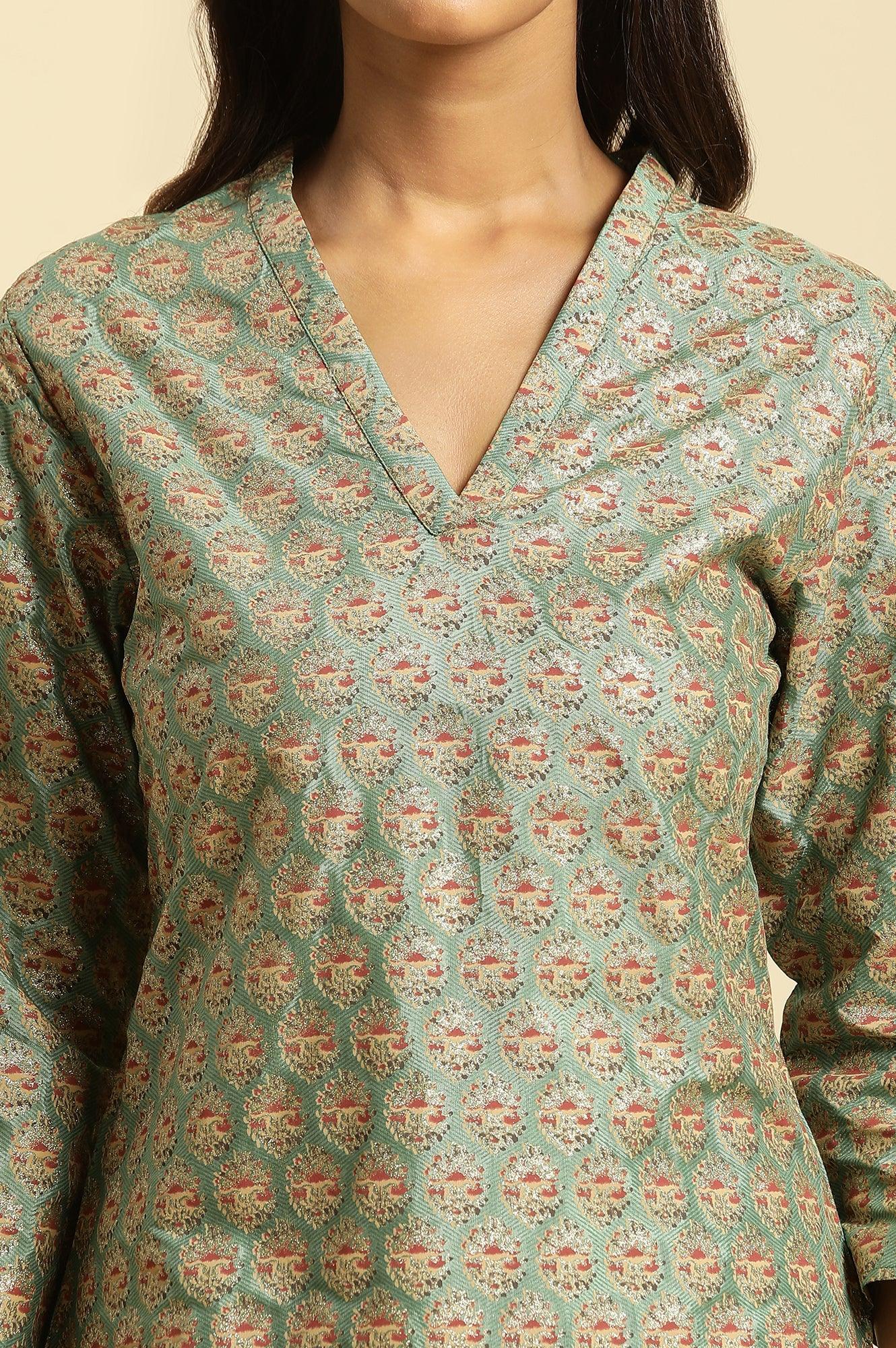 Green Glitter Printed V-Neck Kurta - wforwoman