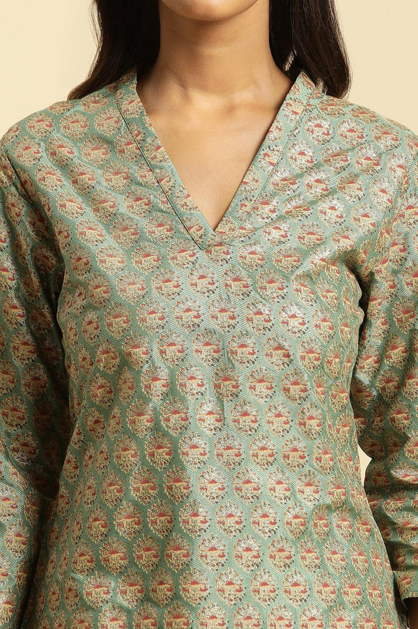 Green Glitter Printed V-Neck Kurta