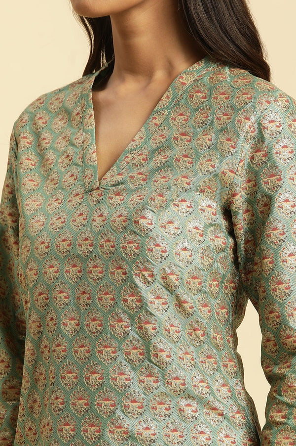 Green Glitter Printed V-Neck Kurta