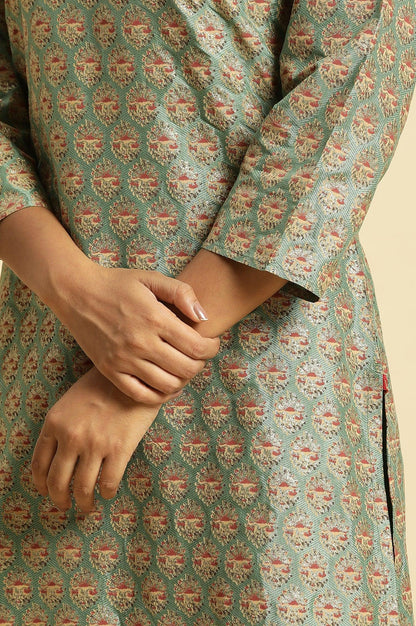 Green Glitter Printed V-Neck Kurta - wforwoman