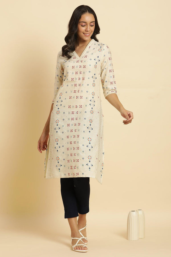 Ecru Cottom Flax Kurta In Multi-Coloured Print
