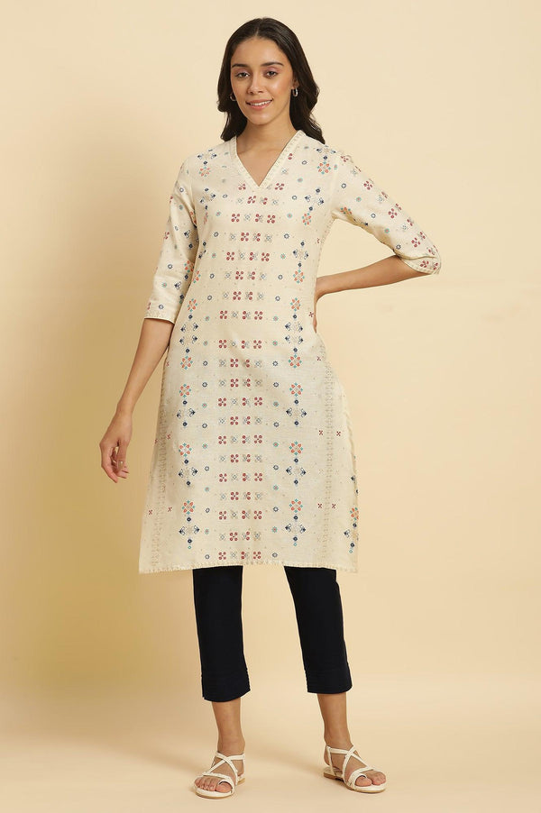 Ecru Cottom Flax Kurta In Multi-Coloured Print