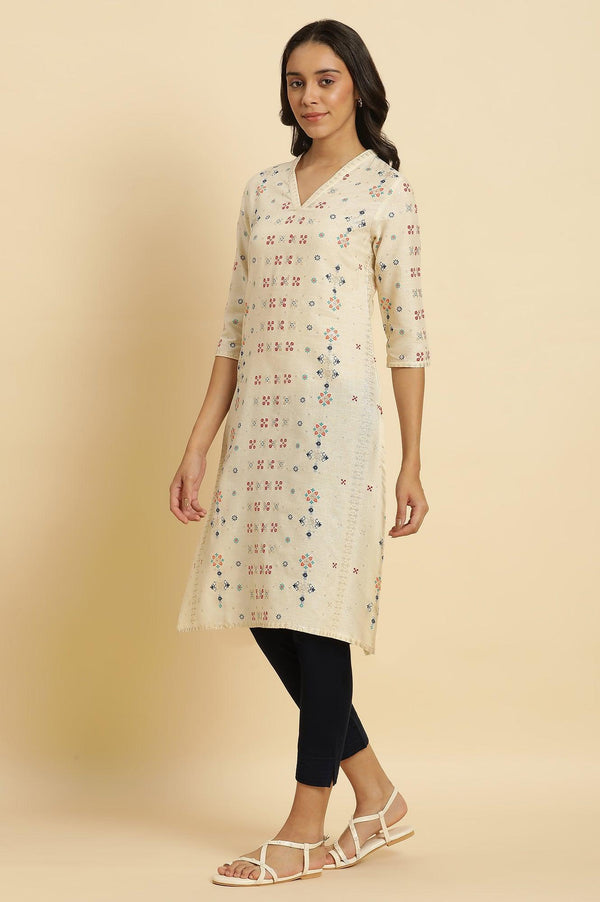 Ecru Cottom Flax Kurta In Multi-Coloured Print