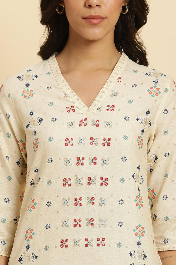 Ecru Cottom Flax Kurta In Multi-Coloured Print