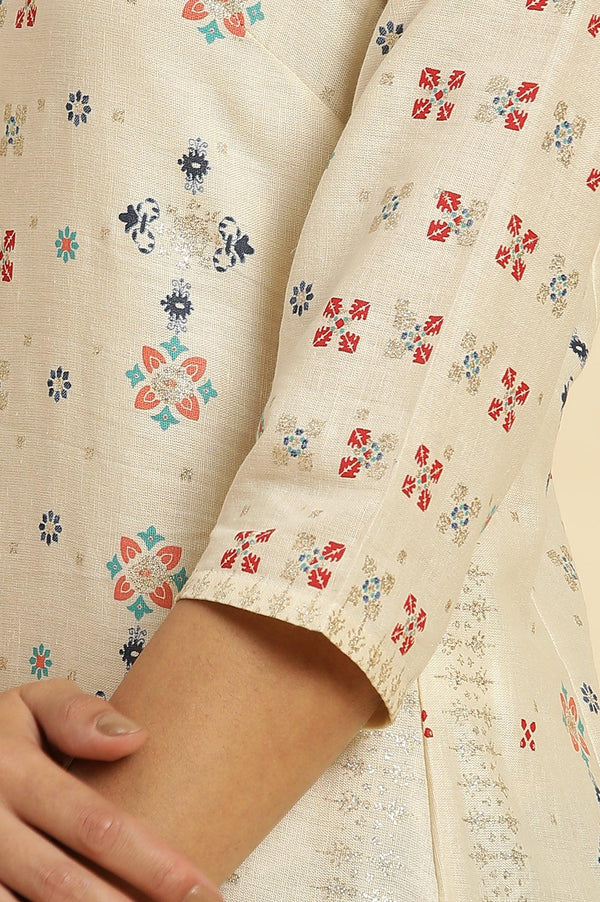 Ecru Cottom Flax Kurta In Multi-Coloured Print