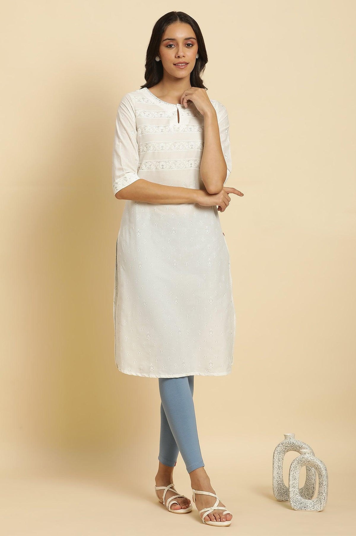 White Cambric Printed Kurtaa - XS