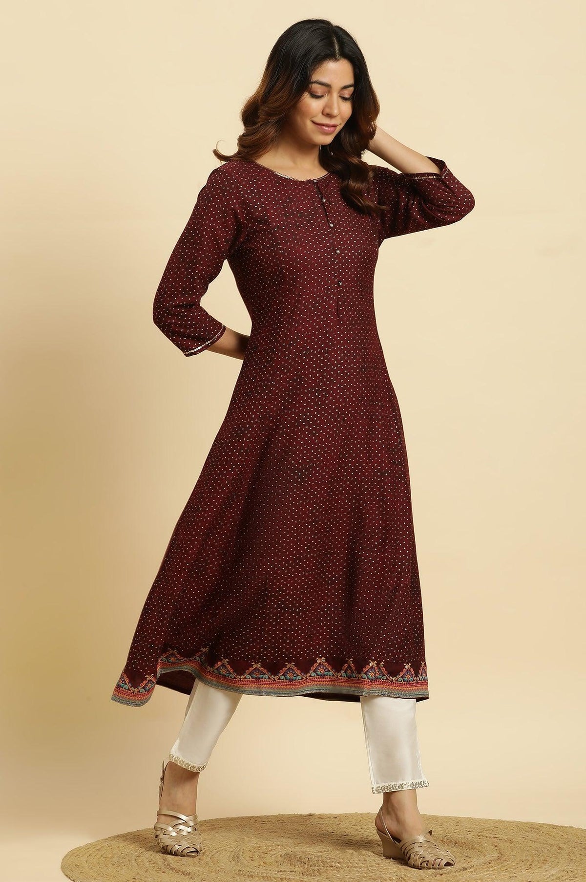 Dark Brown Embellished Flared Kurta - XS