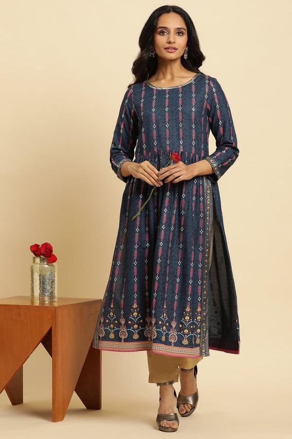 Navy Blue Naira Cut Floral Printed Festive Kurta